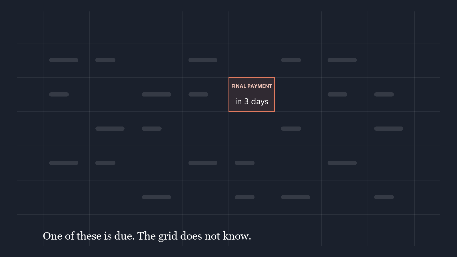 A spreadsheet grid of anonymous grey entries, with a single cell picked out in orange reading FINAL PAYMENT in 3 days.